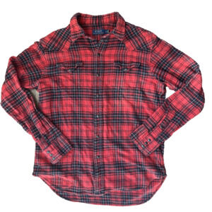 Polo Ralph Lauren Mens L Red Black Plaid Tartan Cotton Snap Front Shirt